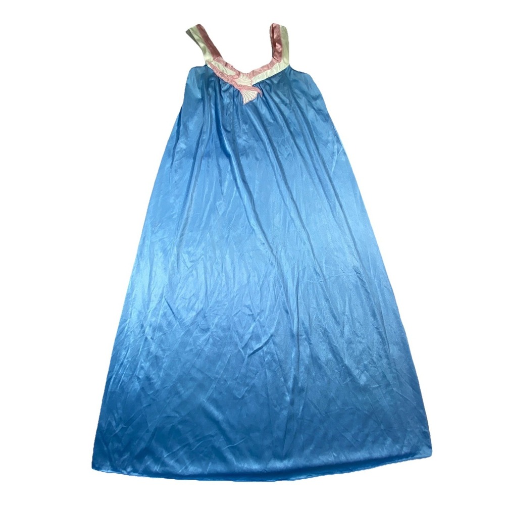 Vintage Vanity Fair Maxi Nightgown Petites S Blue Shell Detail V-Neck USA Made